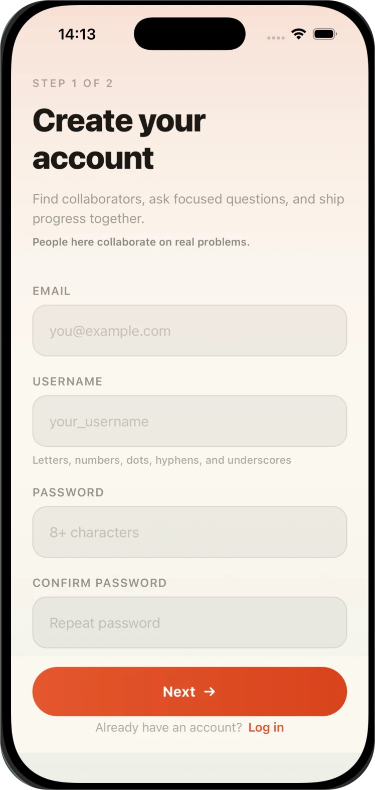 Qynta account creation form for new members.